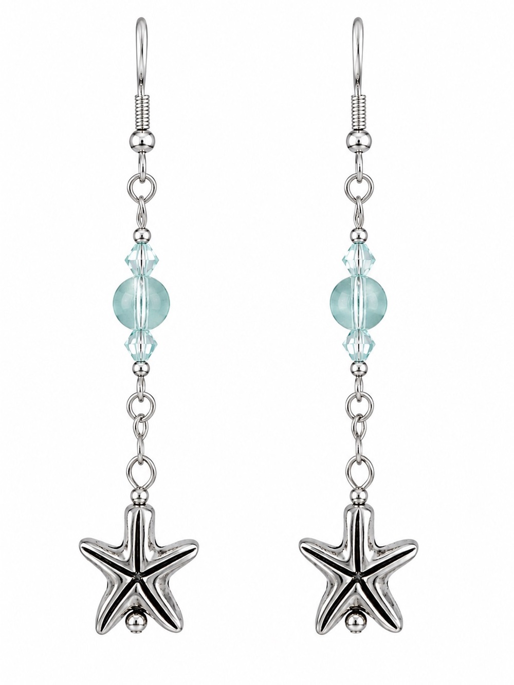 Antique Silver Starfish with Aqua Glass and Crystal Bead Earrings